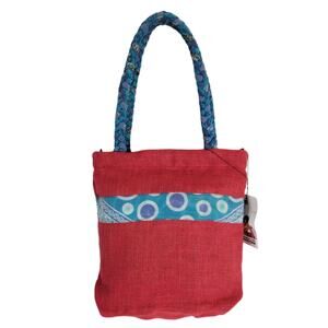 NWT FreeSet Global Red Burlap Tote Bag Ethically Made in India, Braided Handles